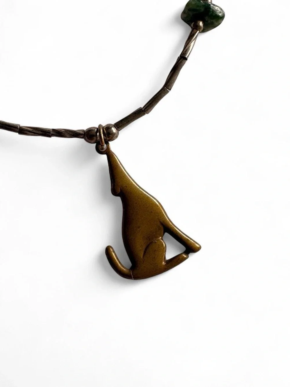 Handmade necklace with bronze wolf dog pendant and silver brass and green beads